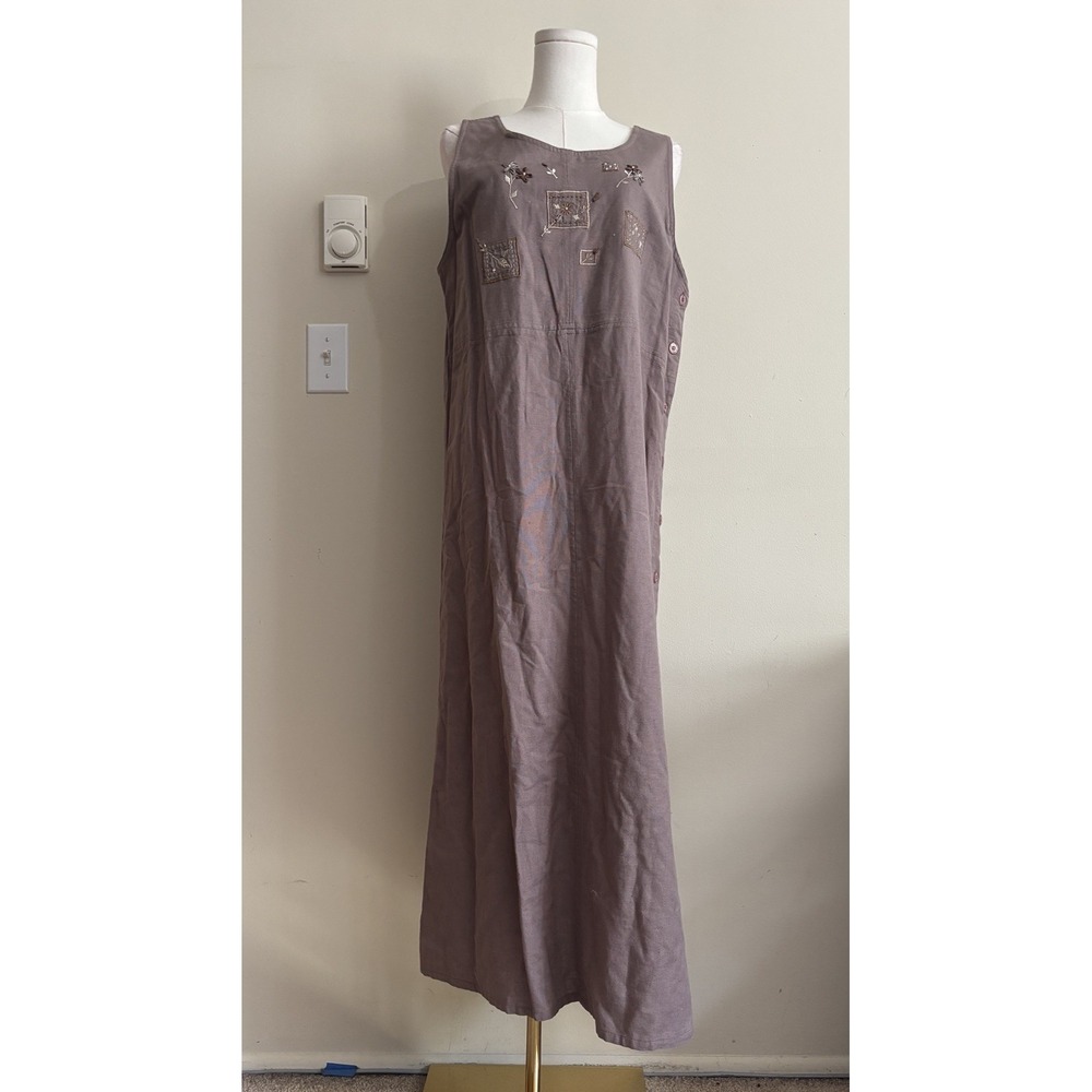 Erika & Co Overall Dress Medium Taupe Brown Floral Beaded 90s Teacher Twee Cute